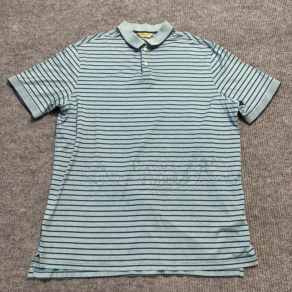Gold Label Roundtree & Yorke Mens Polo Shirt Size XLT Blue Striped Short Sleeve